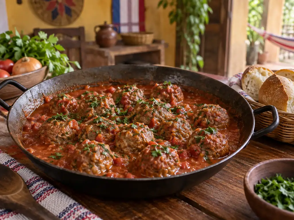 Albóndigas caseras en salsa de tomate con perejil servidas en una sartén