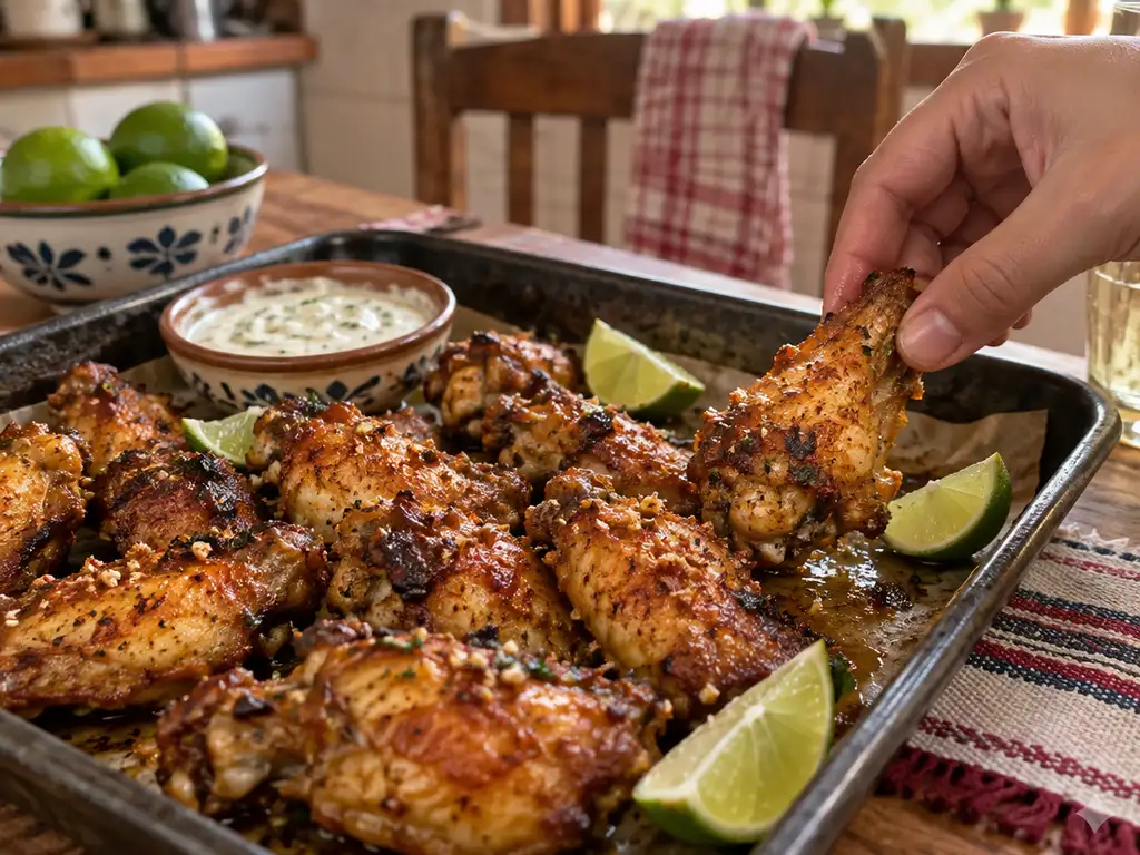 Alitas de pollo al horno doradas y crocantes en una bandeja con lima y salsa para mojar
