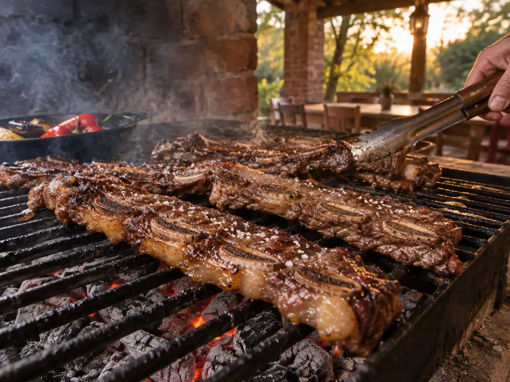 Tiras de asado de tira dorándose sobre la parrilla a carbón mientras una mano las da vuelta