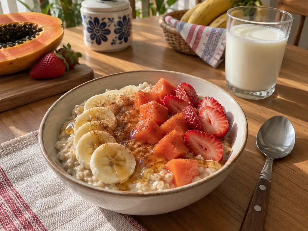 Bowl de avena cremosa con banana, mamón, frutillas, miel y canela en una mesa de desayuno