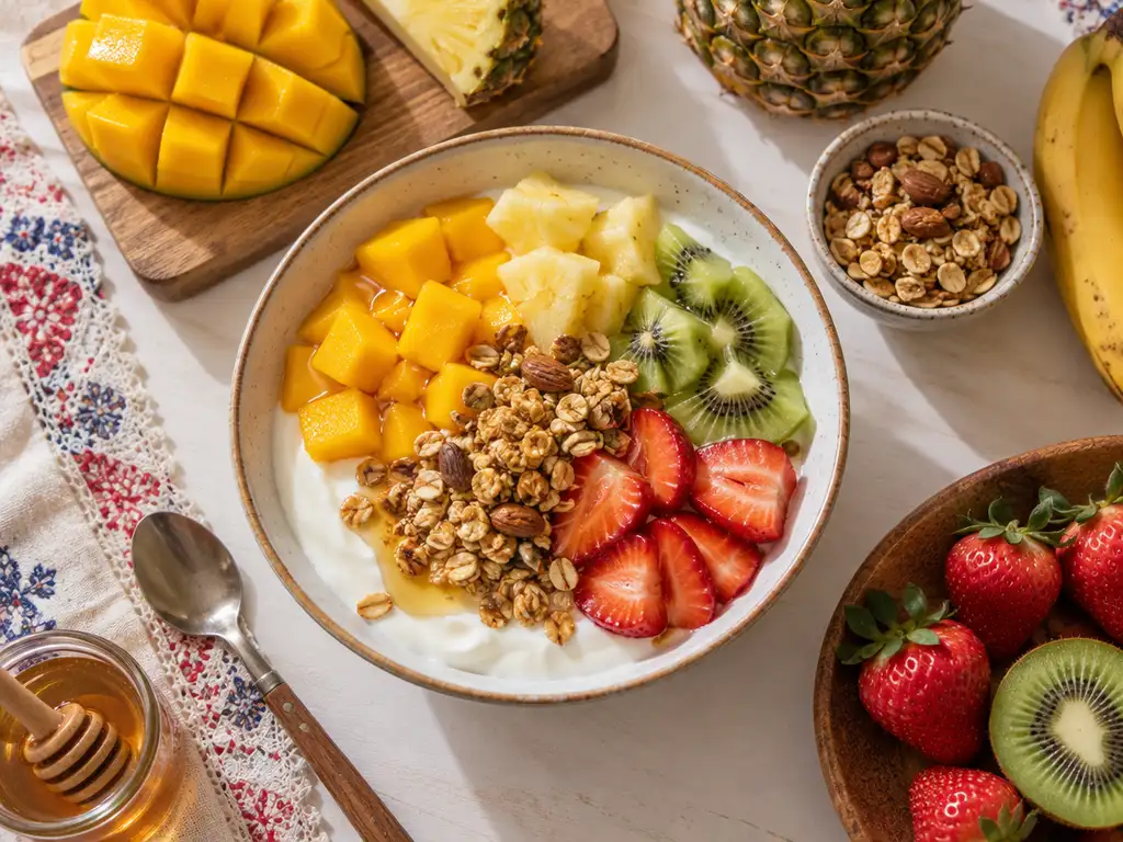 Bowl de yogur natural con mango, piña, kiwi, frutillas y granola visto desde arriba