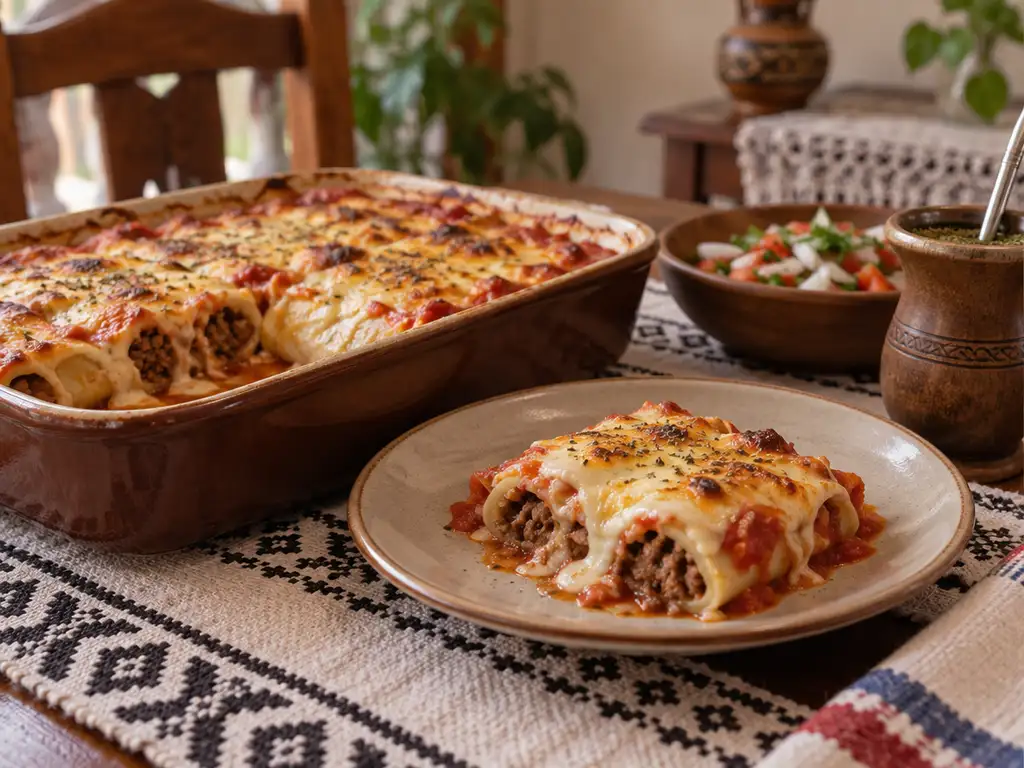 Canelones de carne gratinados con salsa blanca y salsa de tomate, con una porción servida