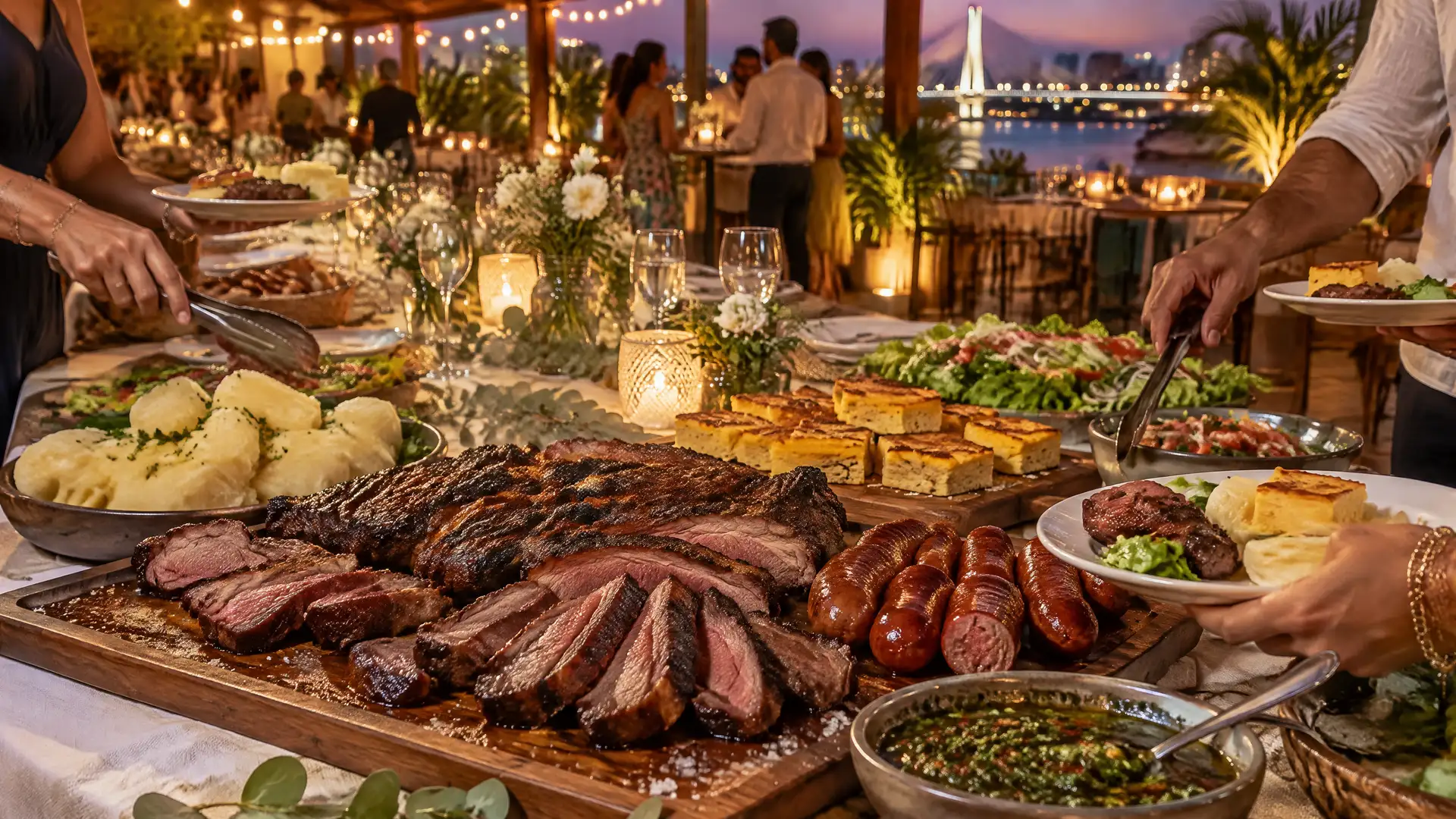 Mesa de evento con bandejas de asado, chorizo, mandioca y sopa paraguaya para 20 personas bajo luces colgantes