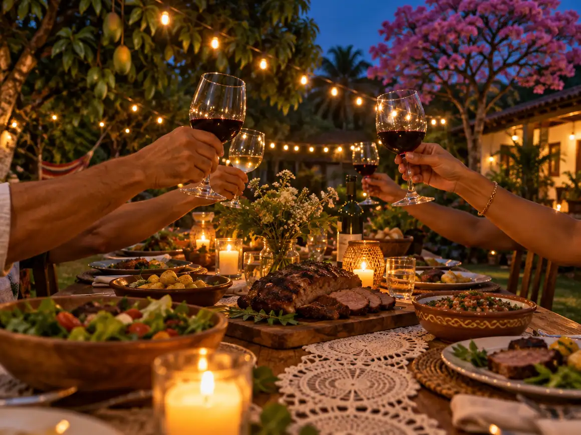 Mesa larga de cena de fin de año con luces colgantes y platos servidos al aire libre