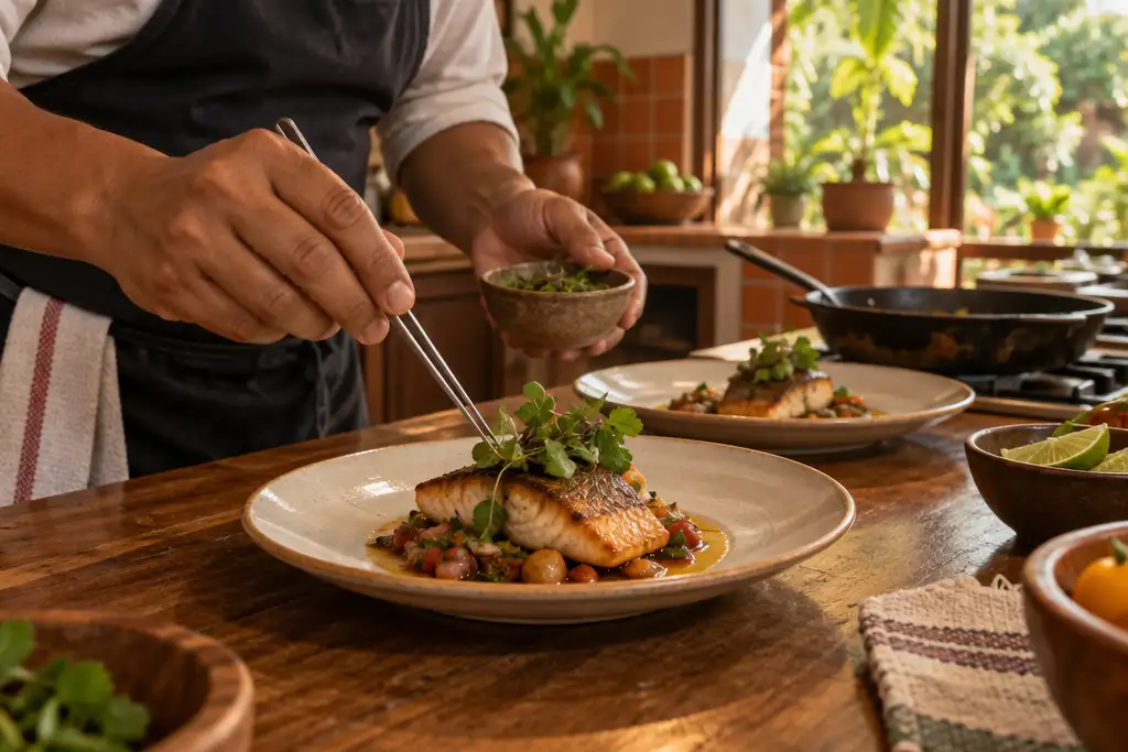 Manos de chef emplatando un plato en la cocina de una casa en Asunción