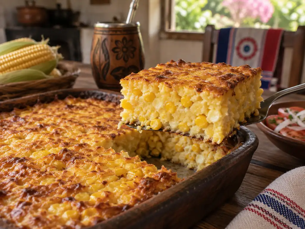 Porción de chipa guazú dorada con granos de choclo a la vista, recién salida del horno