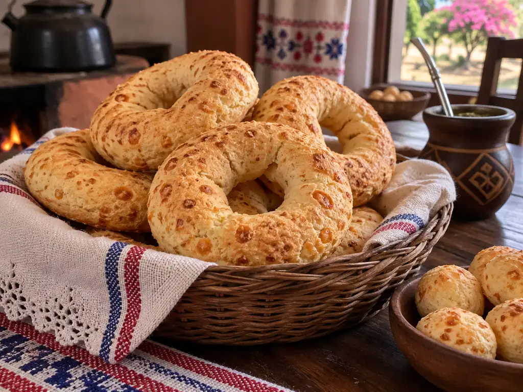 Chipas paraguayas en forma de rosca, doradas, apiladas en una canasta de mimbre
