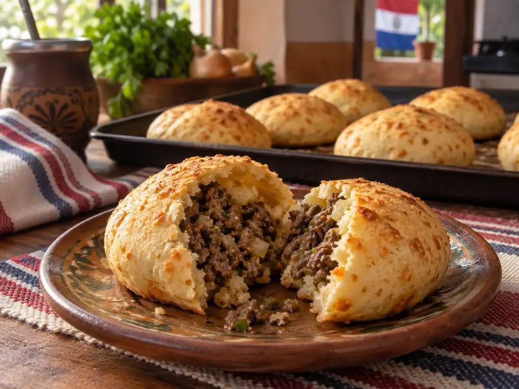 Chipa so'o abierta al medio mostrando el relleno de carne molida, con otras chipas detrás