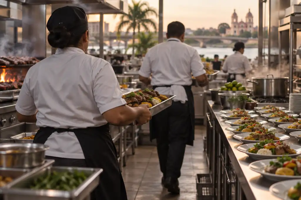 Equipo de cocina de catering de espaldas llevando bandejas de comida