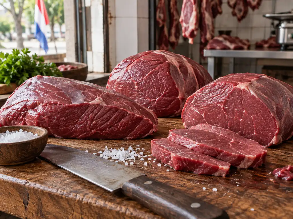 Cortes de carne vacuna magra sobre una tabla de carnicero: cuadrada, bola de lomo y nalga