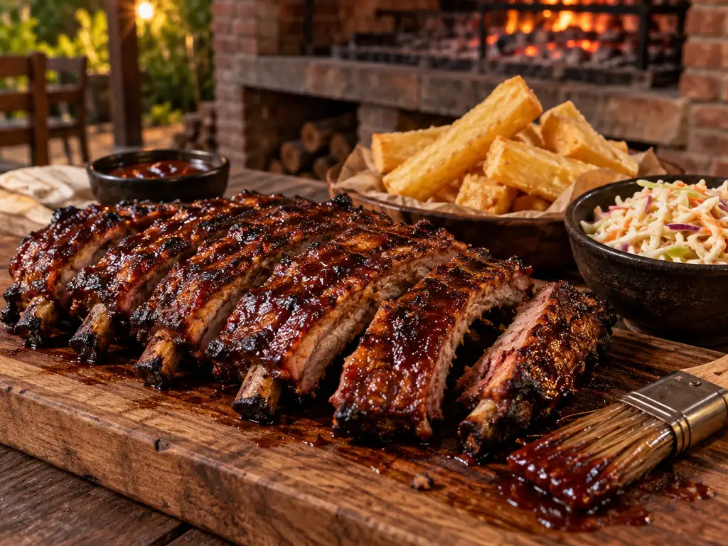 Costillas de cerdo con salsa barbacoa brillante, cortadas en una tabla con mandioca frita