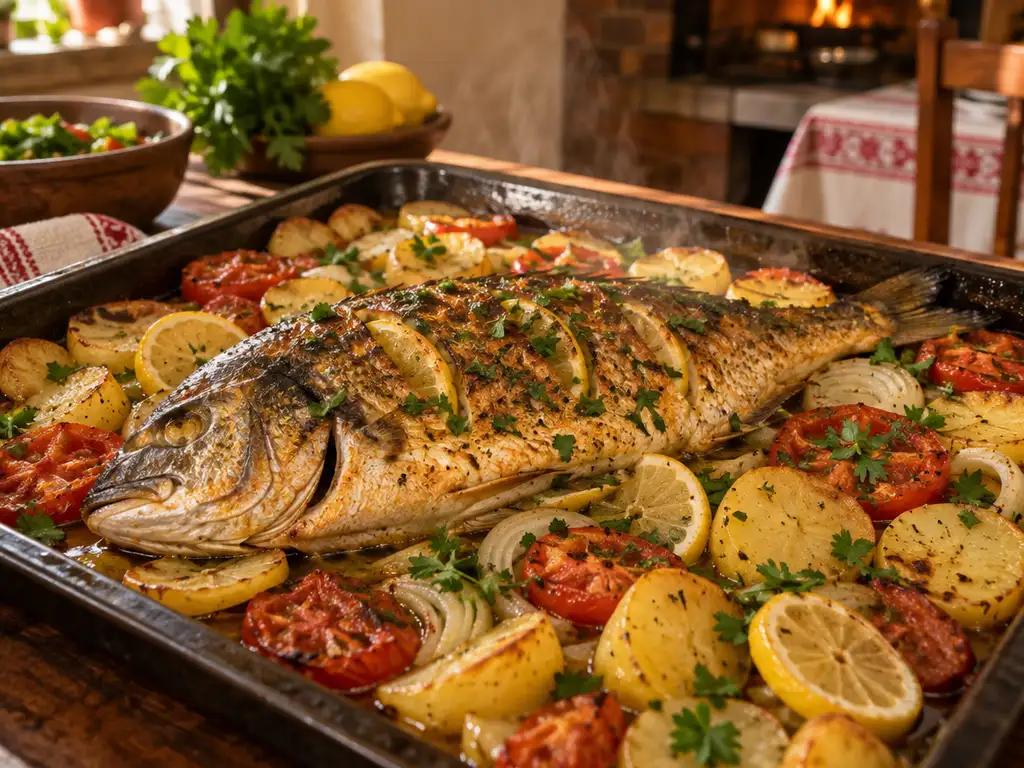 Dorado entero al horno en una asadera con papas, tomate, cebolla, limón y perejil