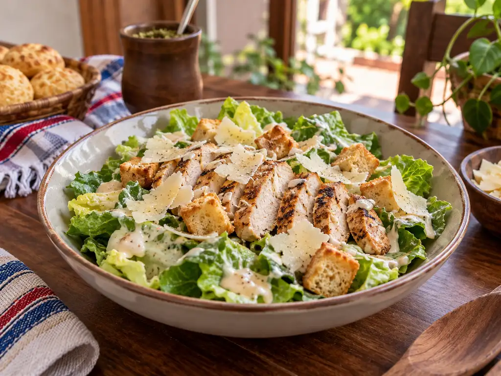 Ensalada César con pollo grillado, lechuga, croutones y queso rallado en un bol