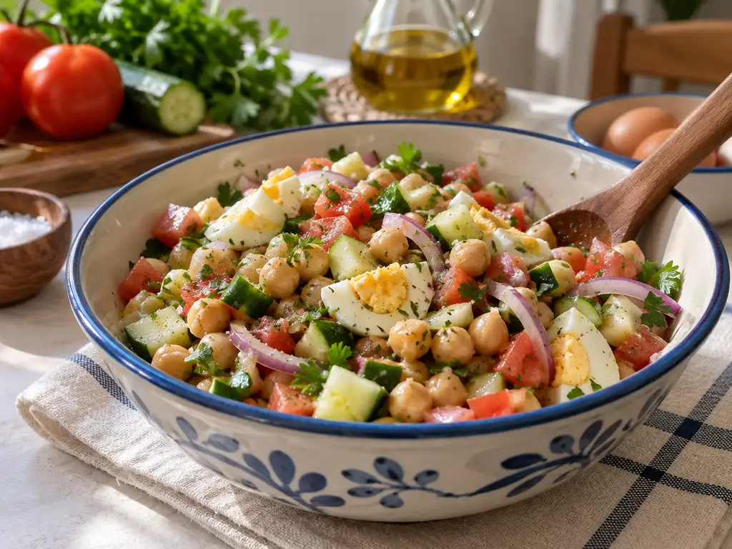 Ensalada de garbanzos con tomate, cebolla morada, pepino, perejil y huevo duro en un bowl