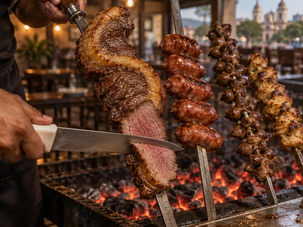 Espetos de picaña y chorizo sobre las brasas en una churrasquería de Asunción, con un corte recién servido