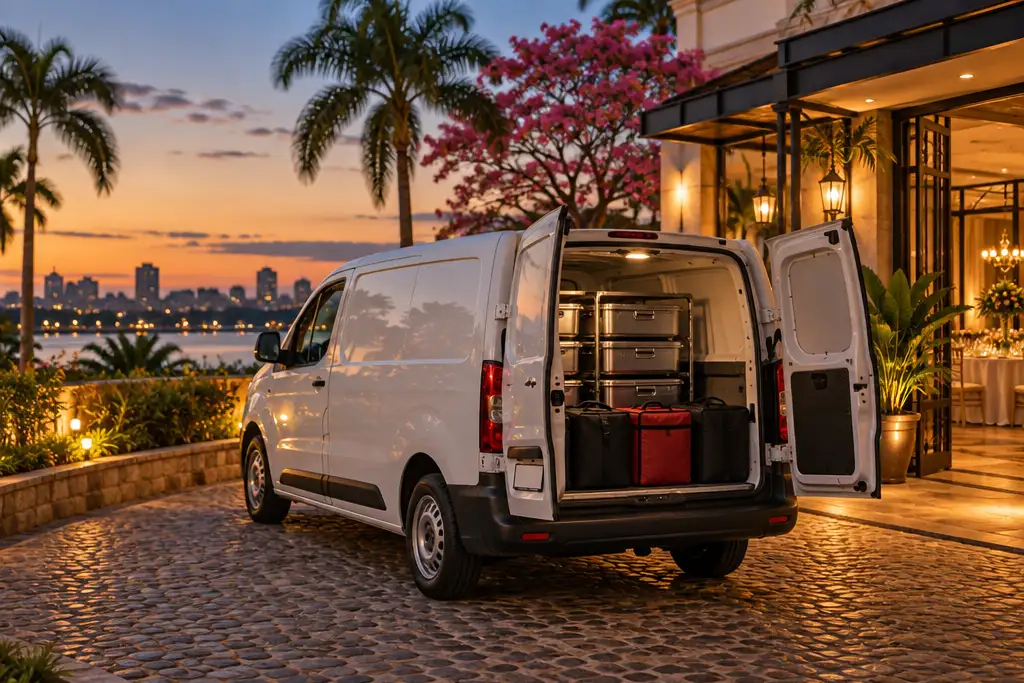 Furgoneta de catering con bandejas en la entrada iluminada de un salón de eventos de Asunción