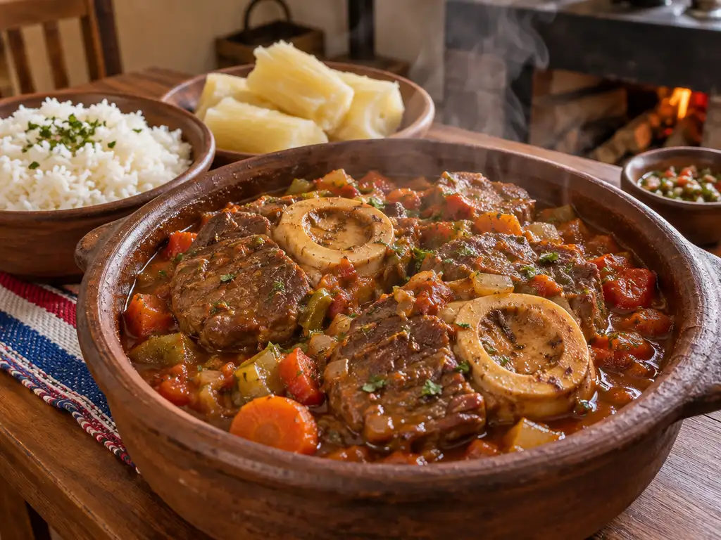 Garrón en rodajas con su hueso y médula, guisado en salsa de tomate en una cazuela de barro