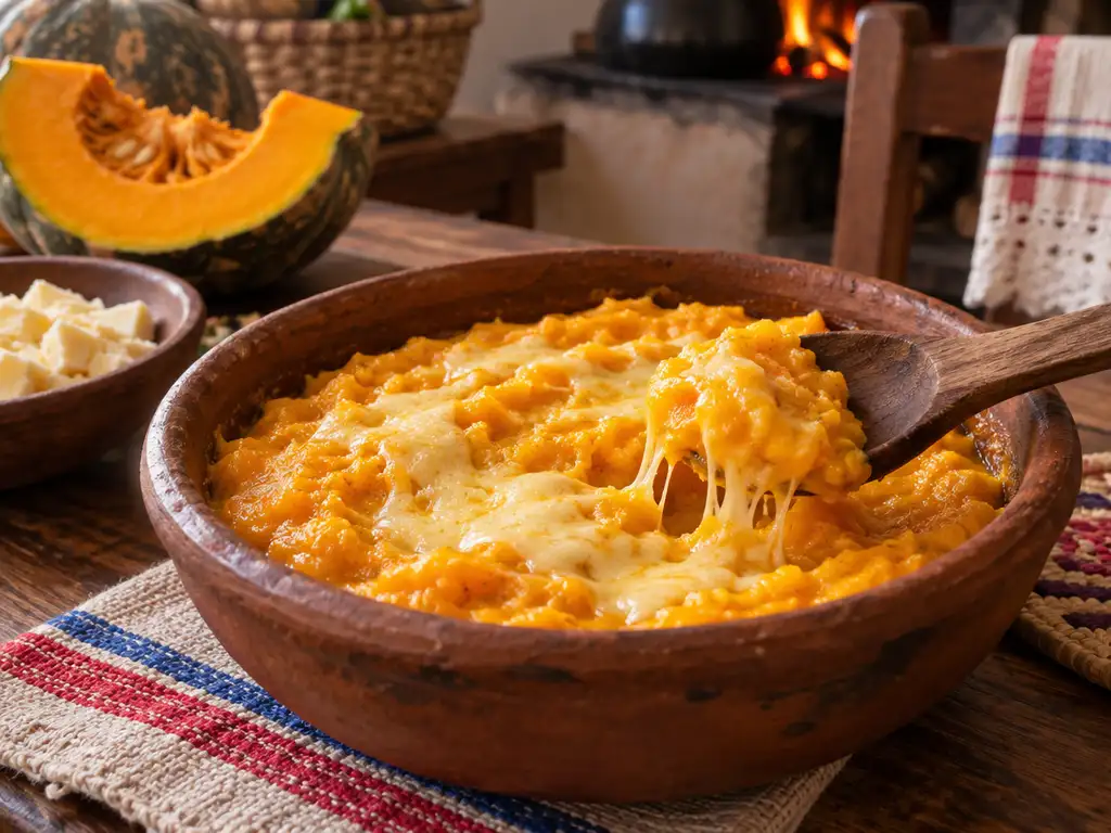 Kiveve cremoso de zapallo anaranjado con queso derretido en una cazuela de barro