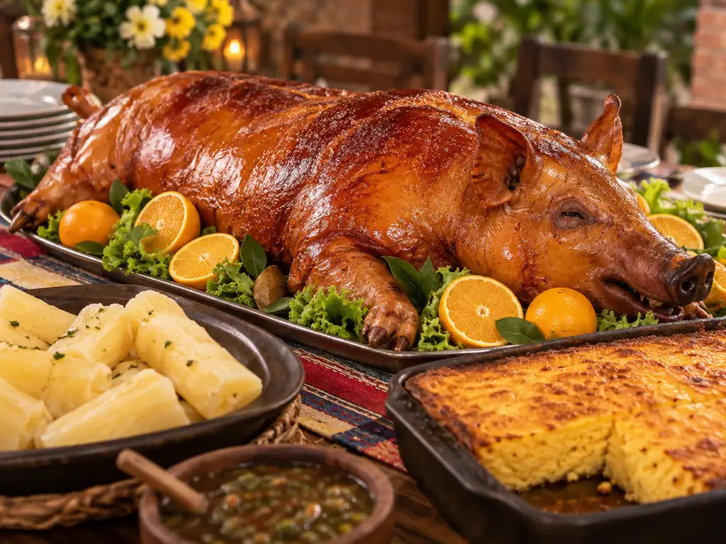 Lechón entero al horno con cuero dorado y crocante en una fuente, con sopa paraguaya y mandioca