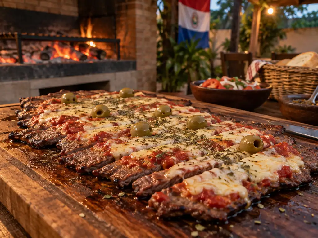 Matambre a la pizza con salsa de tomate, queso derretido y aceitunas cortado sobre una tabla
