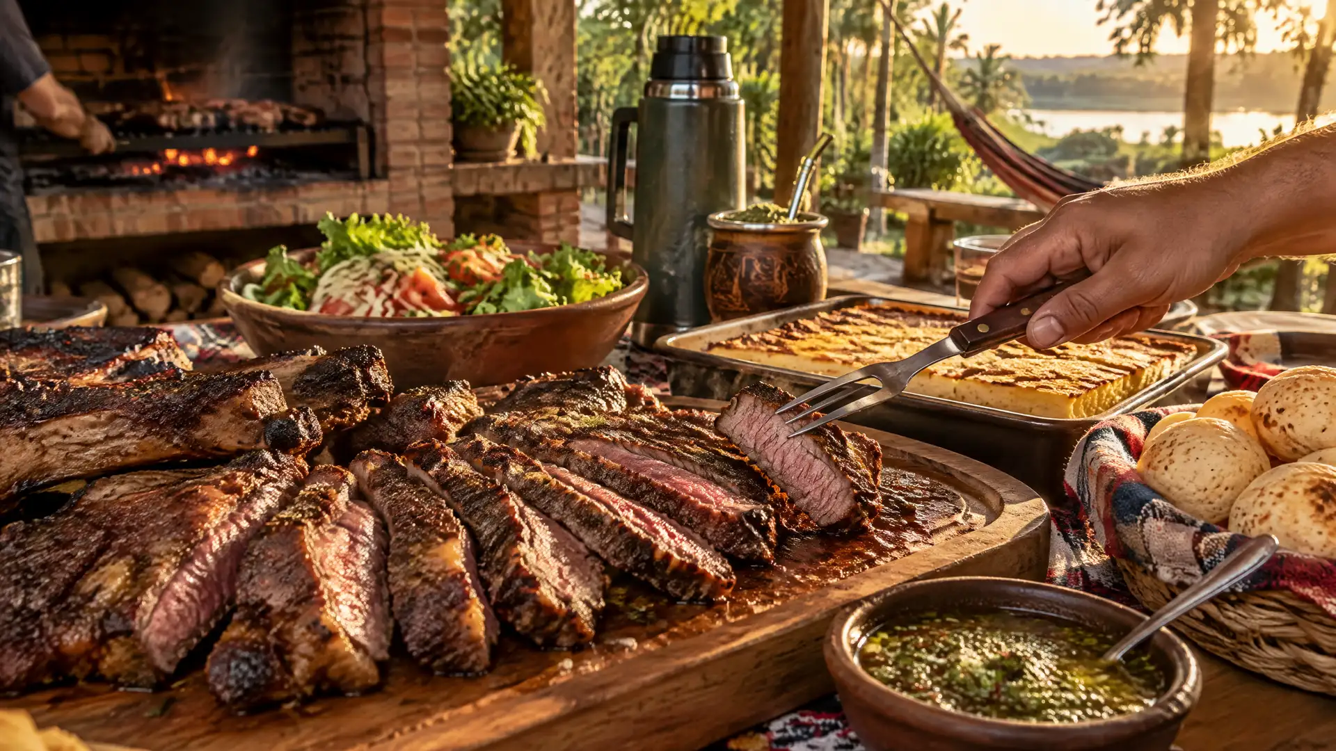 Mesa de buffet al atardecer con bandejas de asado, ensaladas y chipa, y una mano sirviéndose