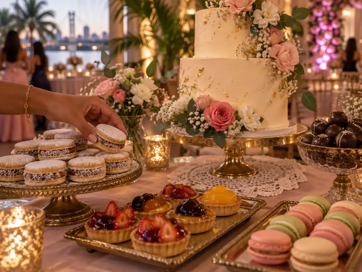 Mesa dulce de fiesta de 15 con torta, macarons y bocaditos dulces en tonos pastel