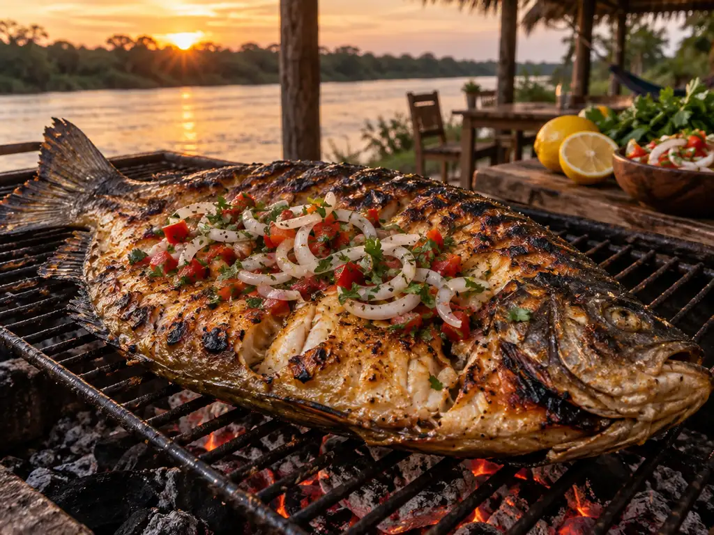 Pacú entero abierto a la parrilla, dorado sobre las brasas, con salsa criolla y limón