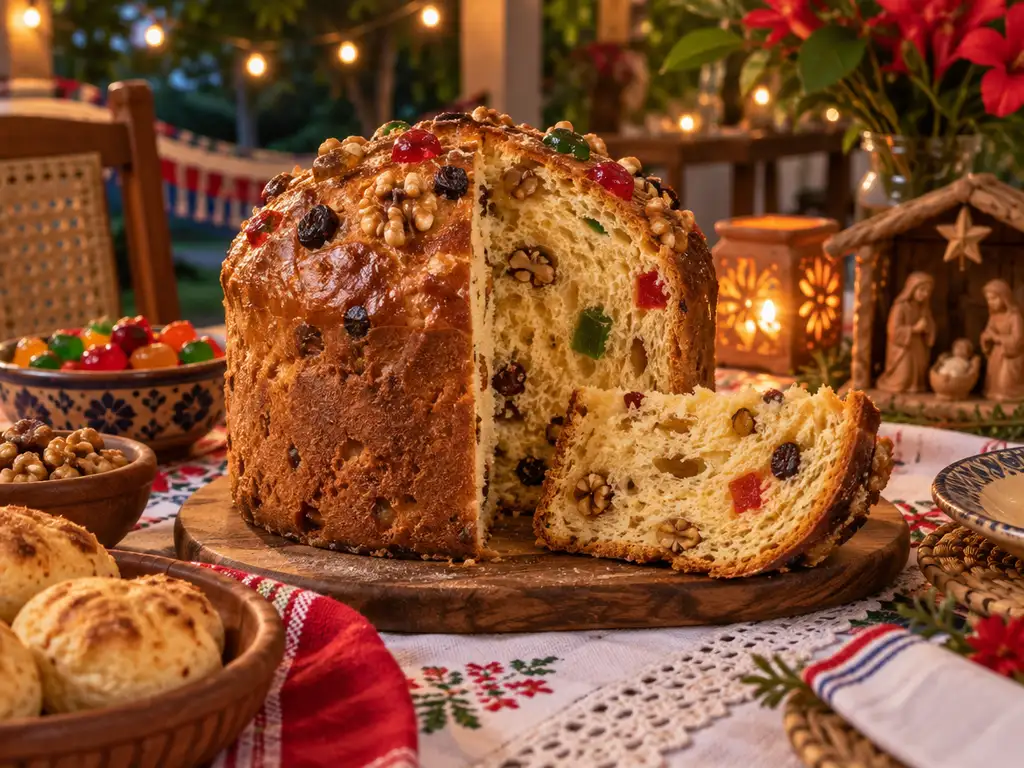 Pan dulce casero con frutas abrillantadas y nueces, con una rodaja cortada en la mesa navideña