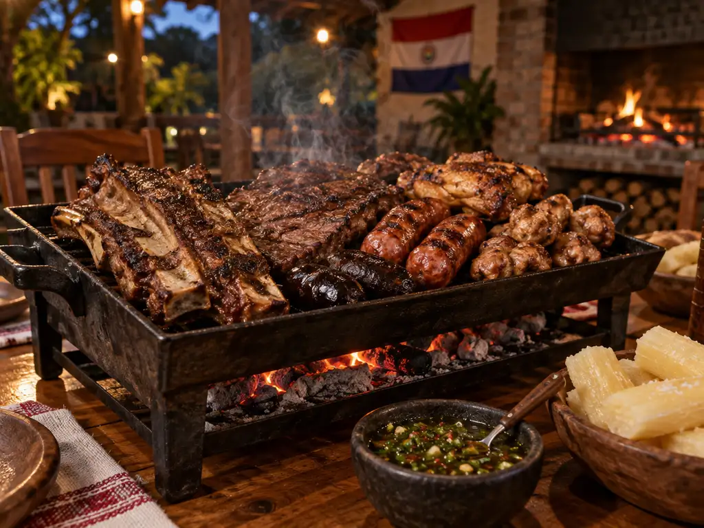 Parrillada completa en un brasero de mesa con costilla, vacío, chorizo, morcilla y pollo, con mandioca