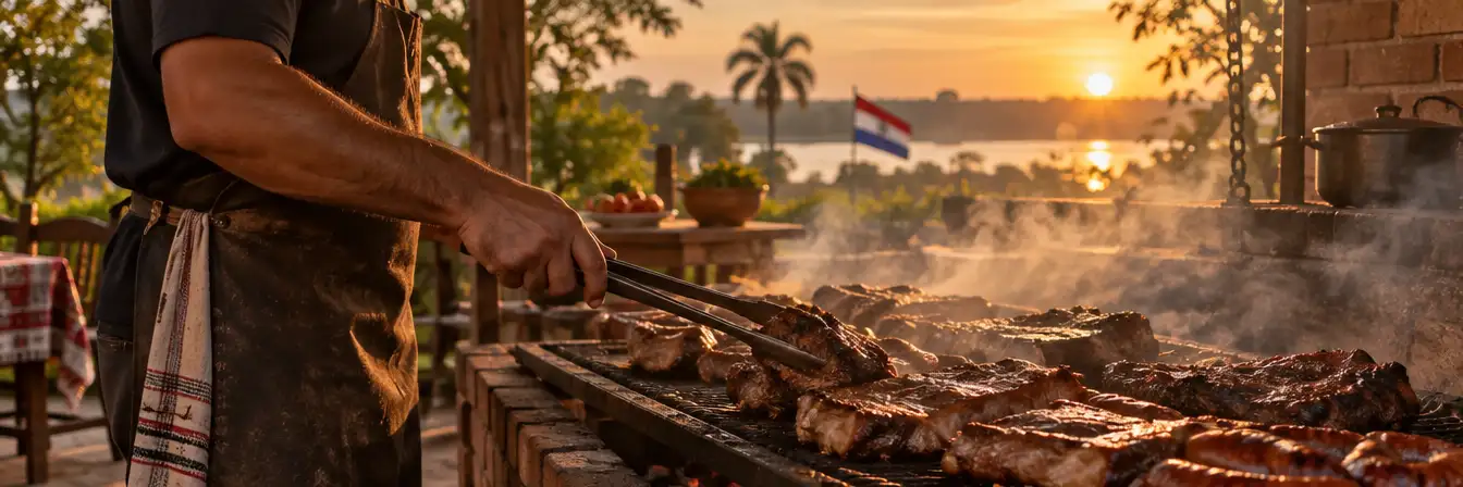 Parrillero de perfil dando vuelta la carne en la parrilla con humo a contraluz