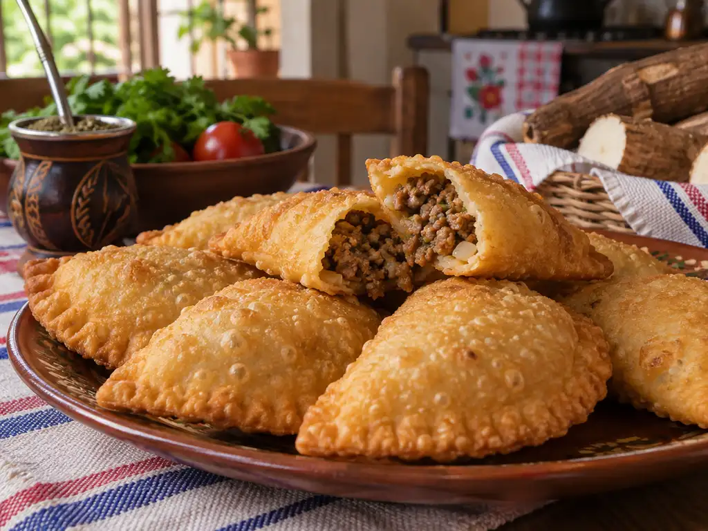 Pasteles mandi'o fritos y dorados en una fuente, uno abierto con relleno de carne molida