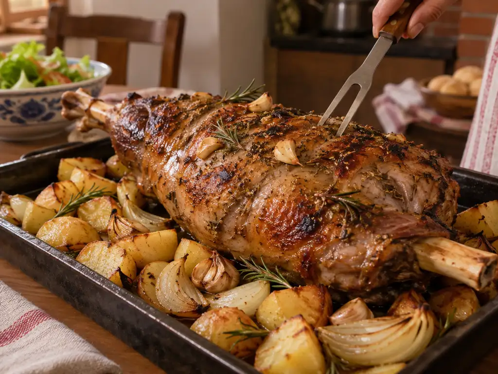 Pierna de cordero al horno dorada con ajo y romero, papas y cebollas en la asadera