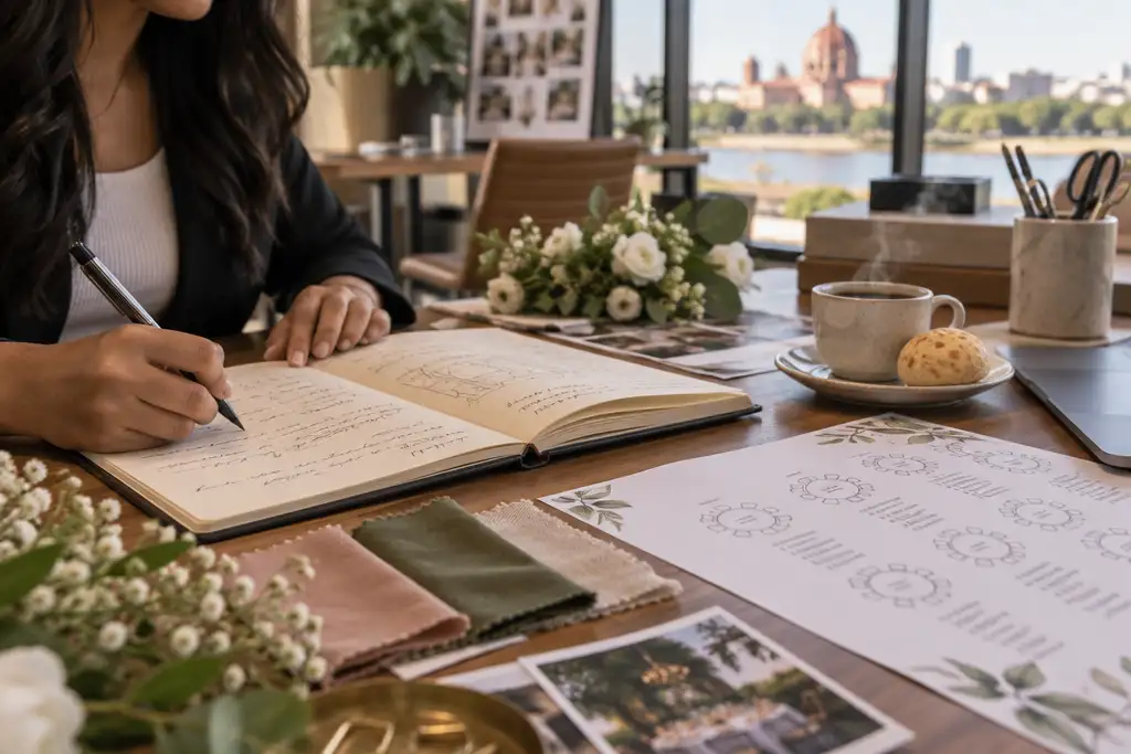 Cuaderno con el plan del evento y una taza de café sobre un escritorio