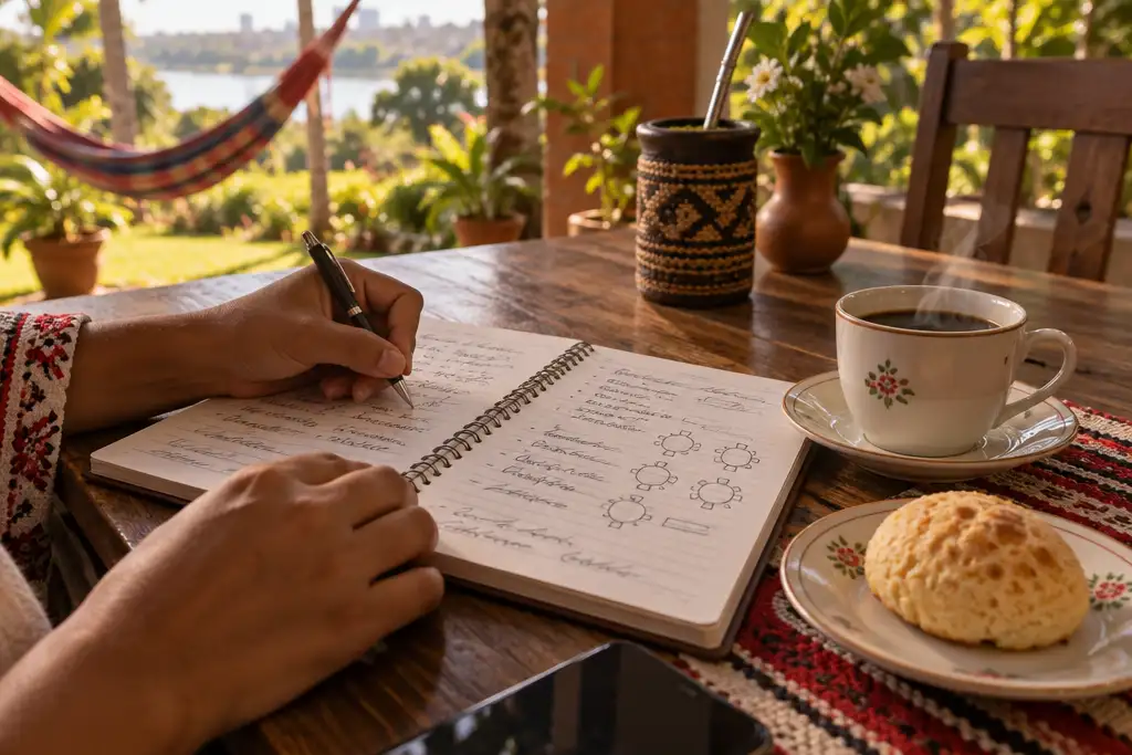 Plan de evento escrito a mano junto a una taza de café sobre una mesa de madera