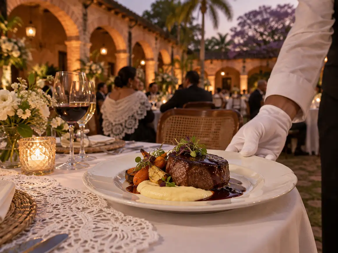 Plato servido de boda con carne glaseada y guarnición sobre mantel blanco