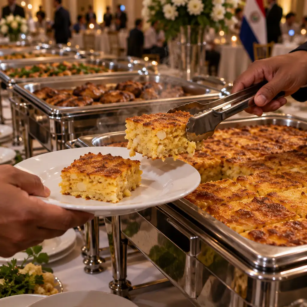 Porción de sopa paraguaya servida desde el buffet de un evento con pinzas