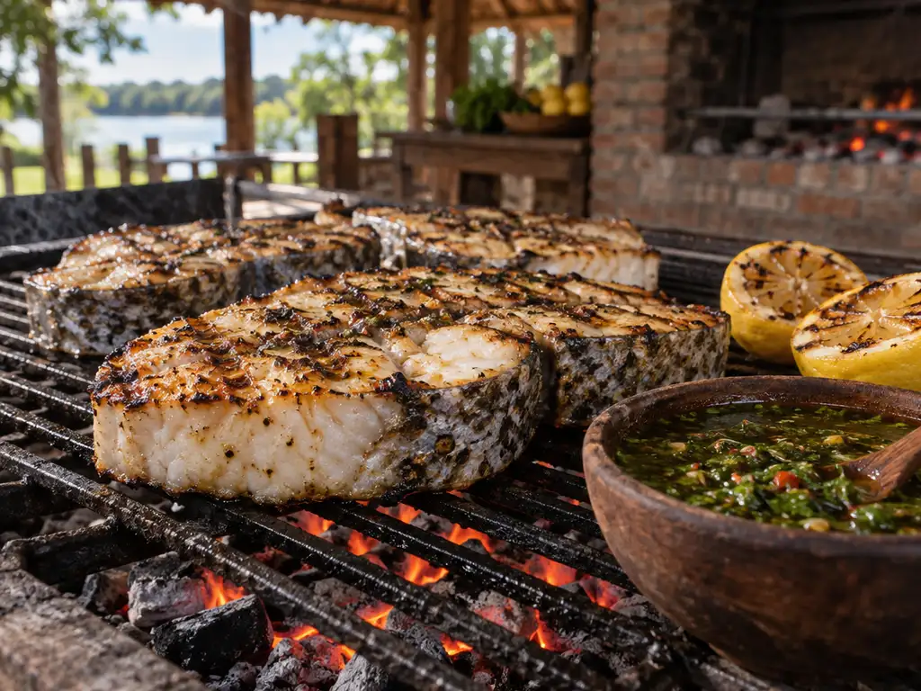 Postas de surubí a la parrilla con marcas de brasa, limón y chimichurri en un quincho paraguayo