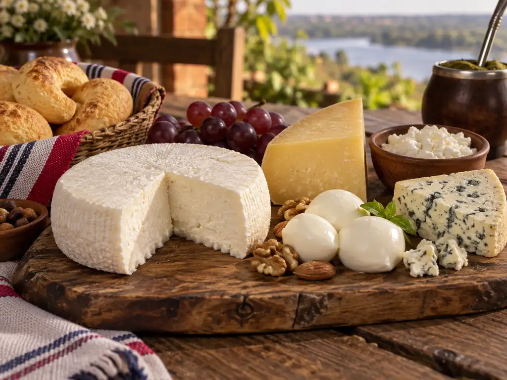 Tabla con distintos tipos de queso, queso Paraguay fresco al frente, chipa, uvas y nueces