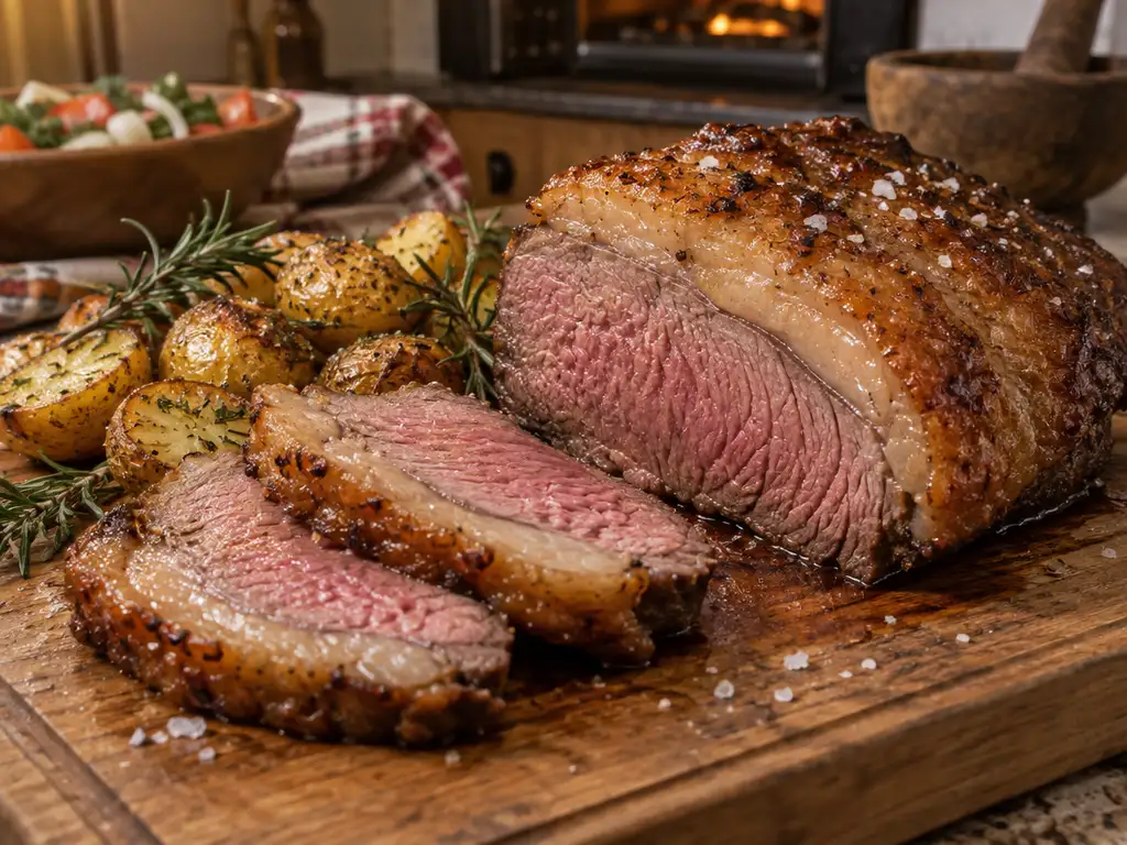 Tapa de cuadril al horno cortada en rodajas rosadas con su capa de grasa dorada y papas asadas