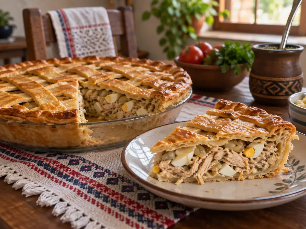 Tarta de pollo casera con enrejado de masa y una porción servida mostrando el relleno