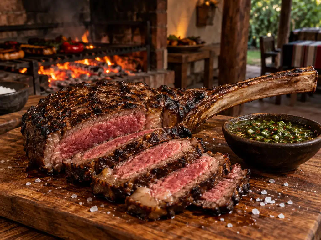 Bife tomahawk a la parrilla con su hueso largo, cortado y rosado por dentro, con sal gruesa