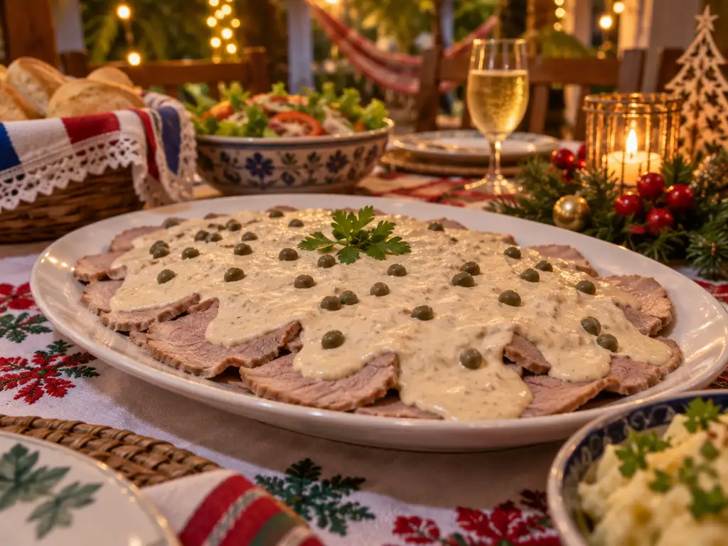 Rodajas de peceto cubiertas con salsa de vitel toné y alcaparras en una fuente festiva